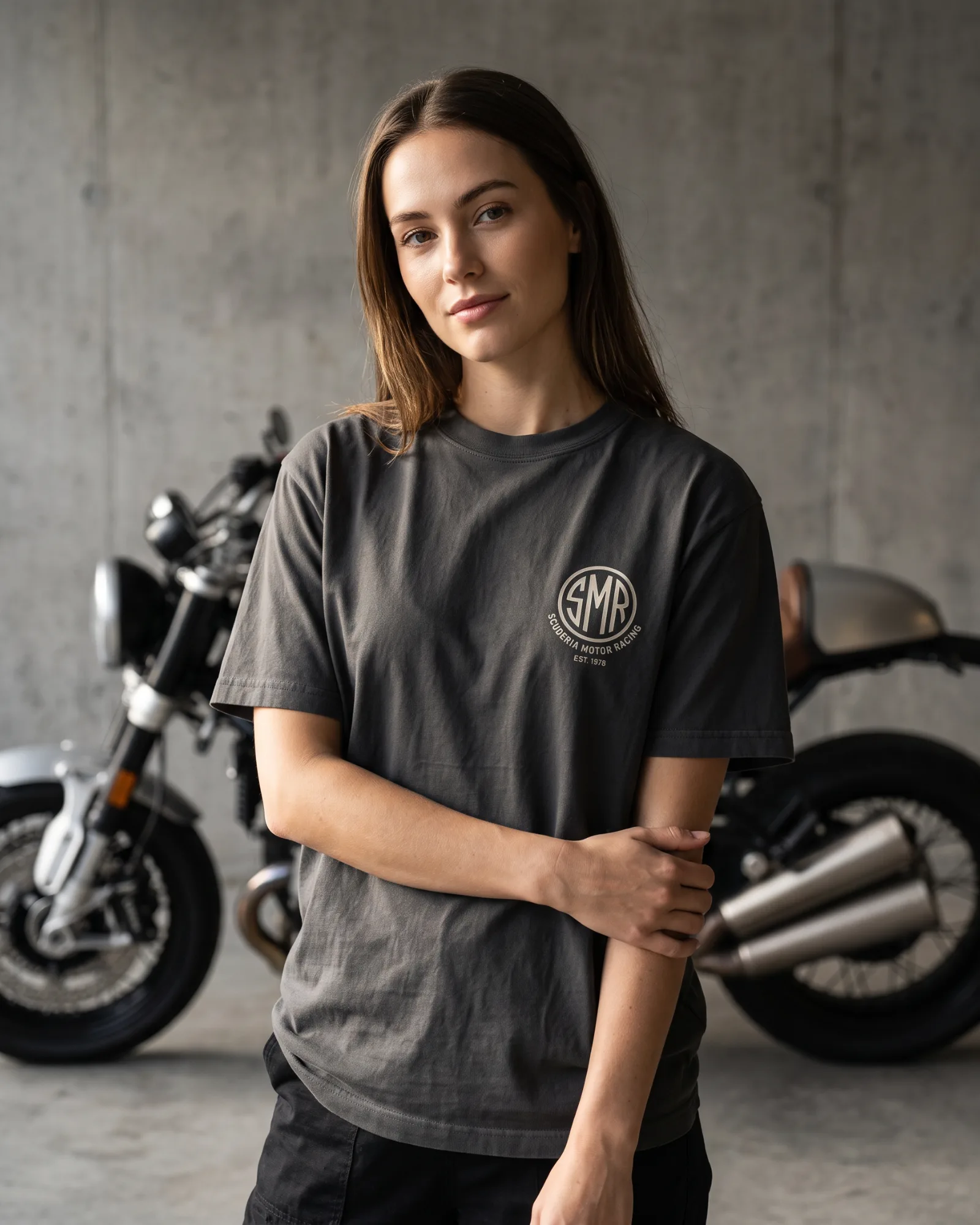 SMR Apex Badge Tee charcoal worn by model