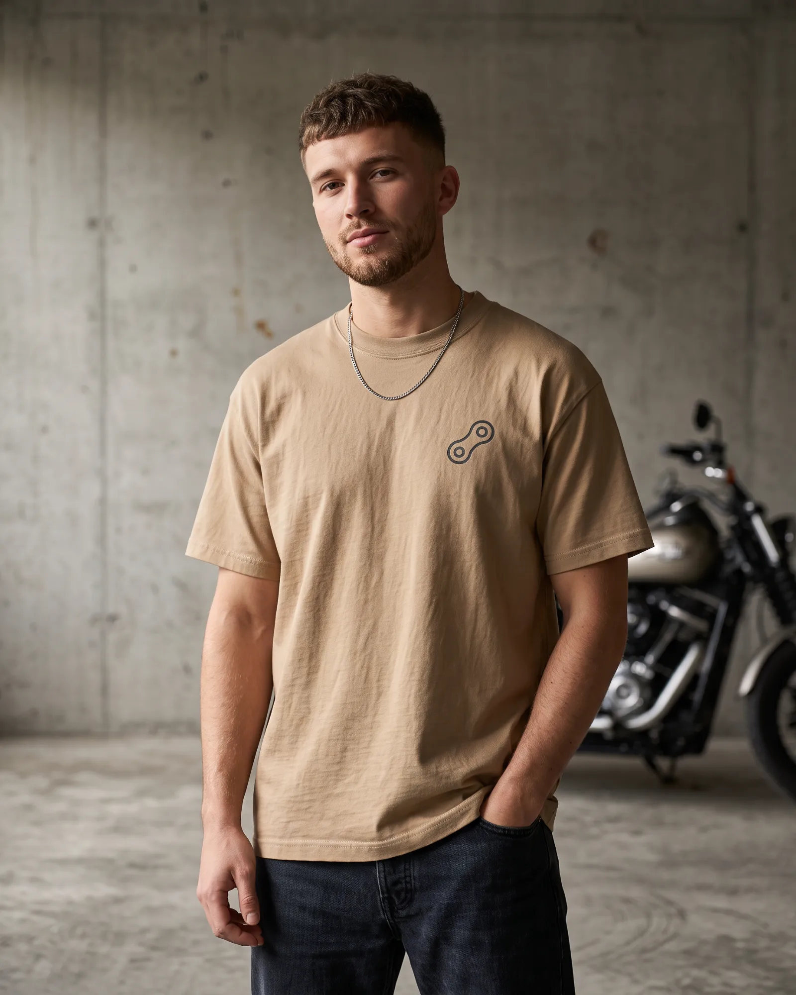 SMR Chain Link Tee tan worn by model