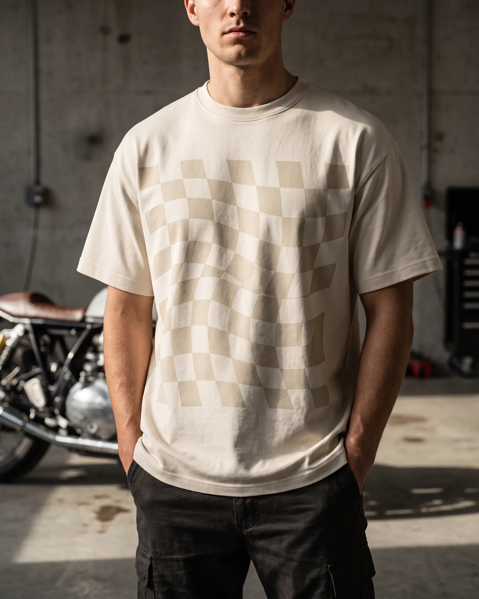 SMR Checkered Ghost Tee bone worn by a model
