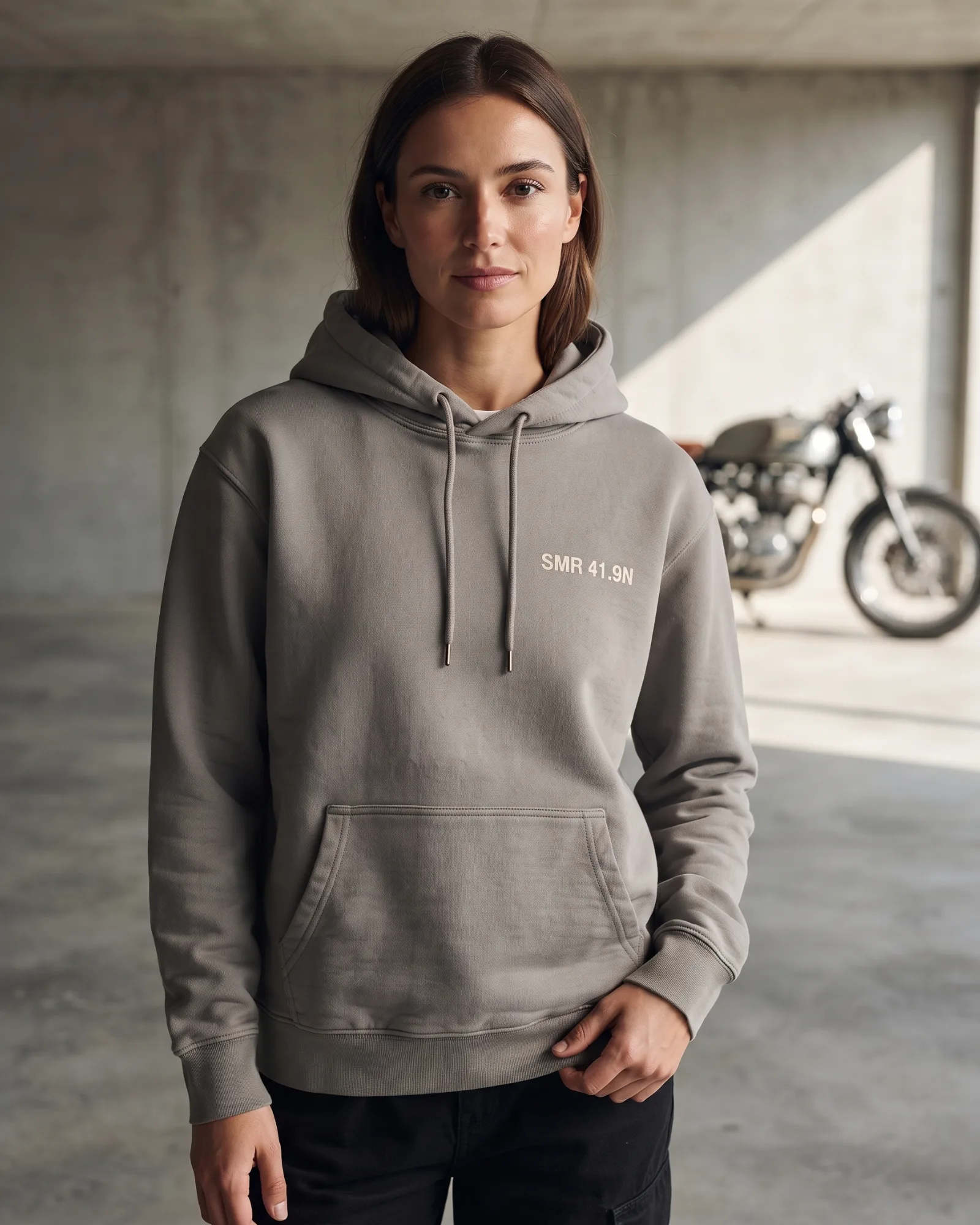 SMR Coordinate Hood concrete worn by a model