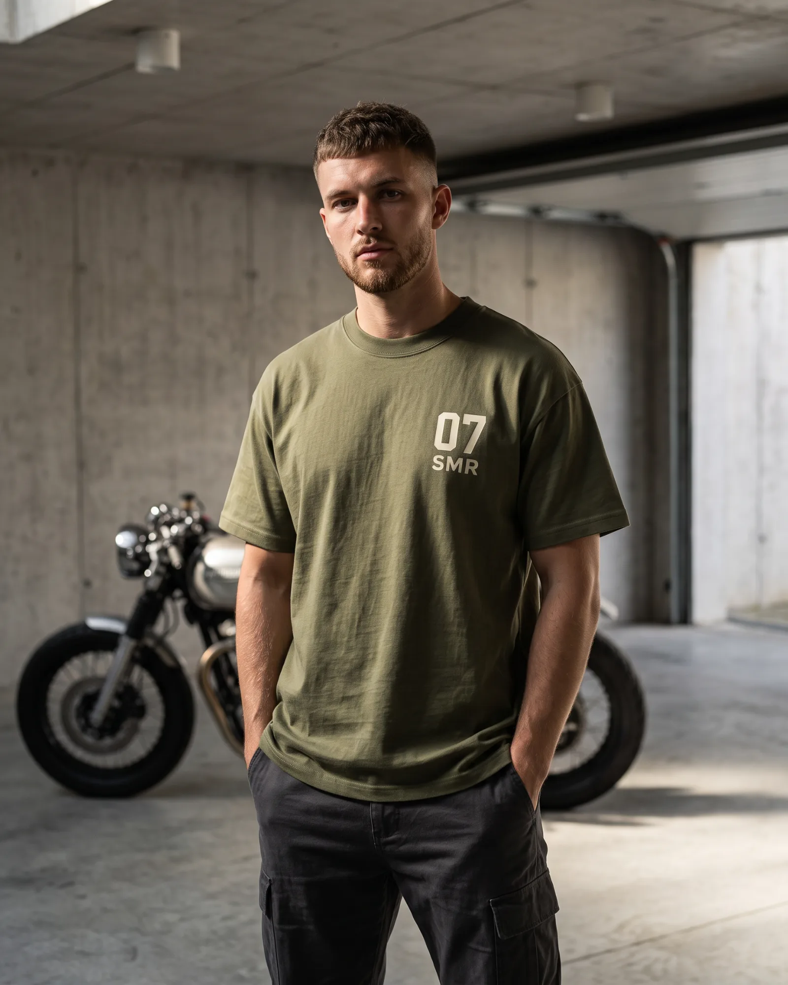 SMR Dorsal 07 Tee olive worn by a model