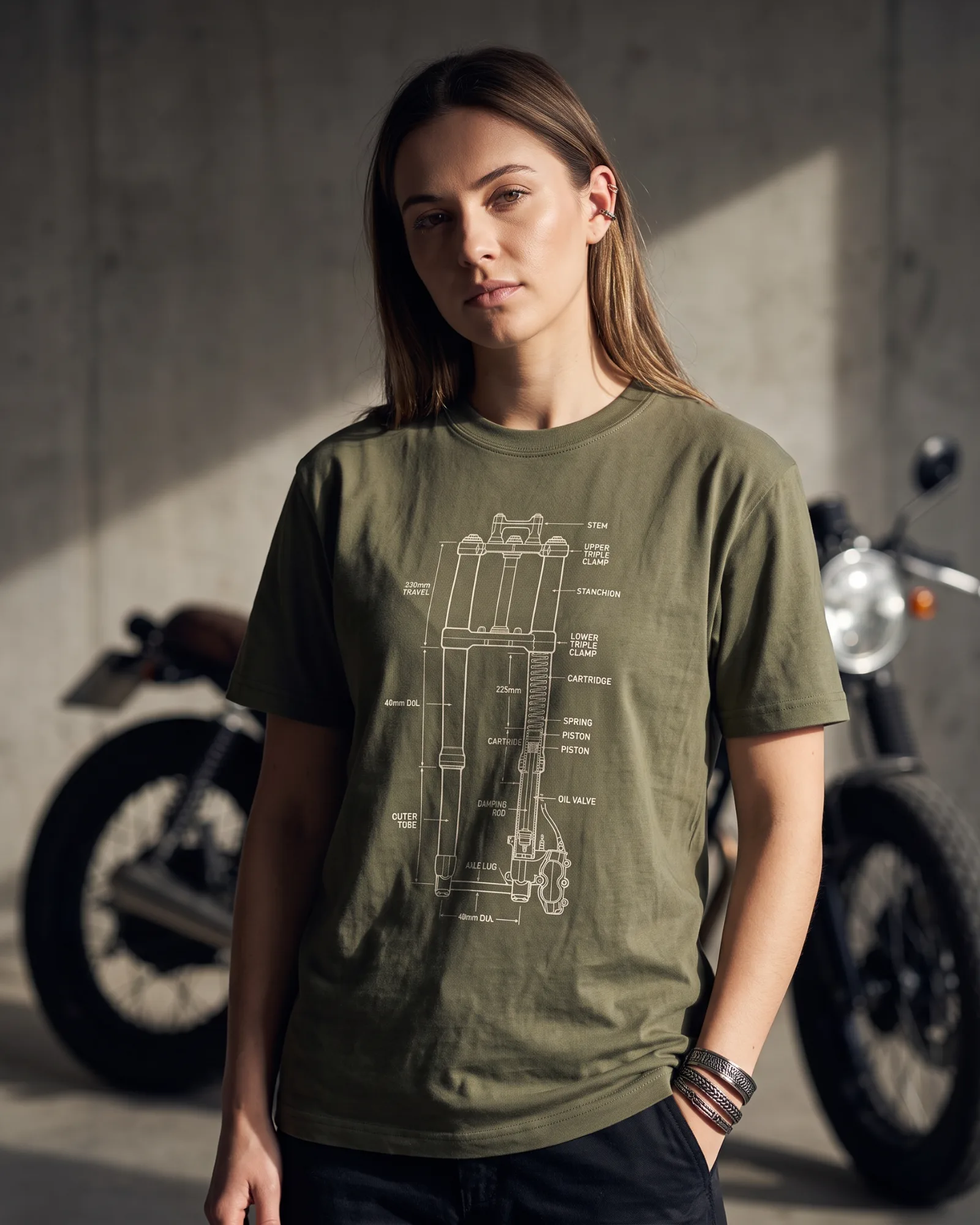 SMR Fork Diagram Tee olive worn by model