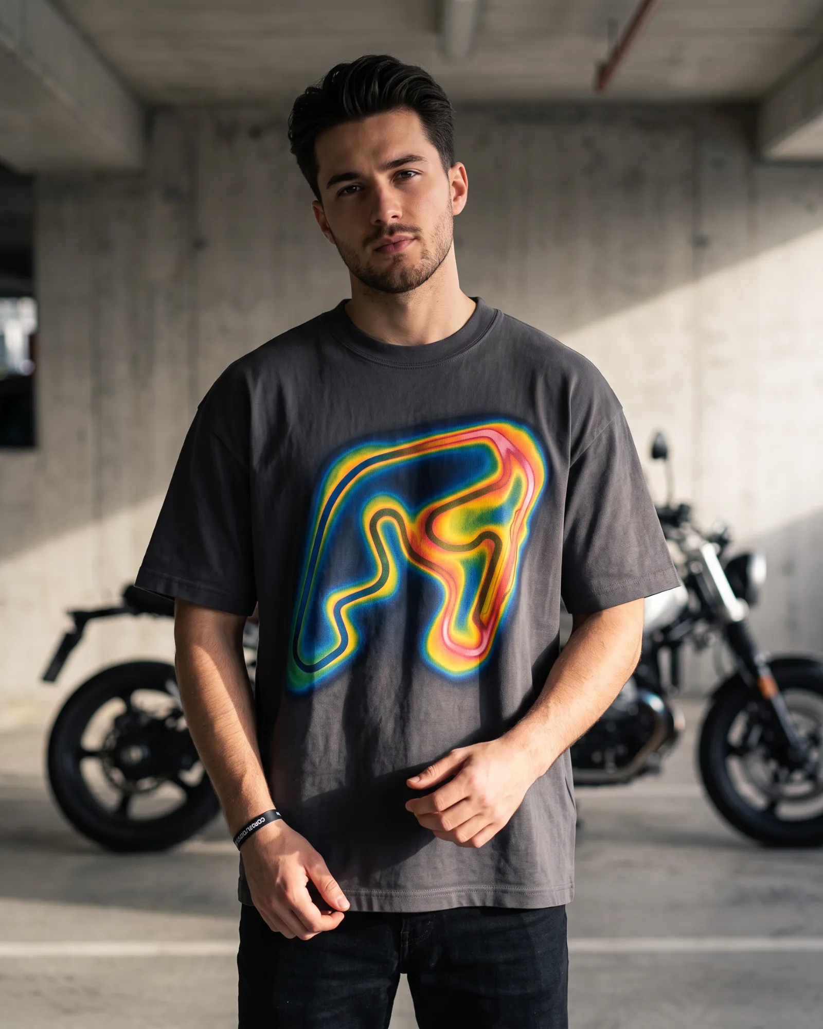 SMR Heatmap Tee charcoal worn by a model