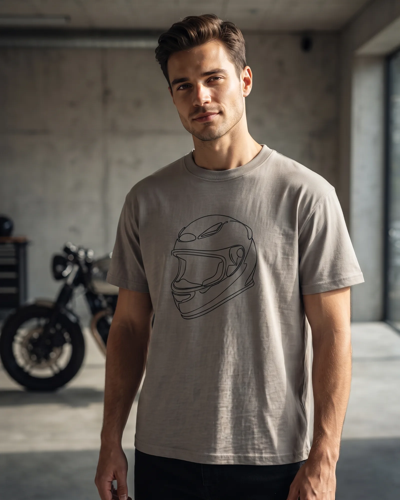 SMR Helmet Line Tee concrete worn by model