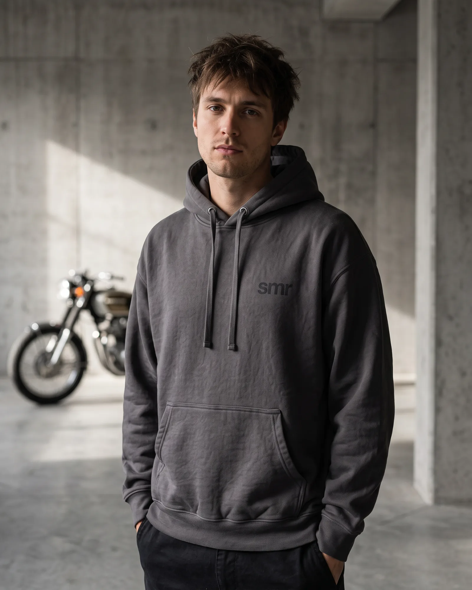 SMR Idle Hood charcoal worn by a model