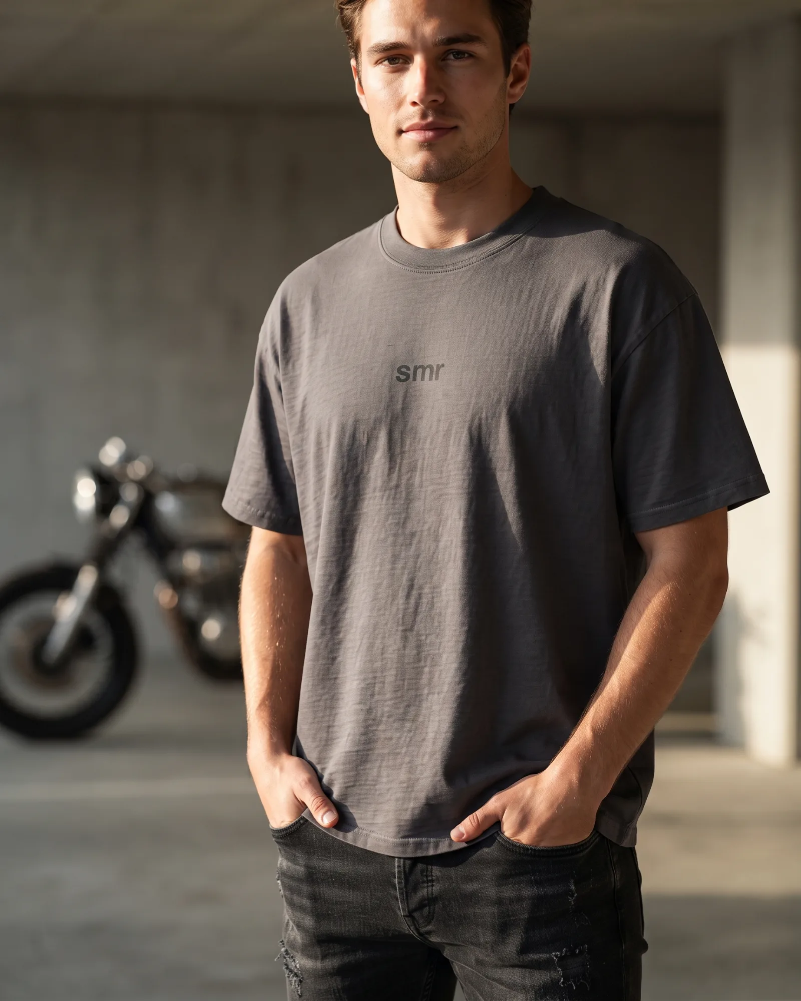 SMR Idle Tee charcoal worn by model