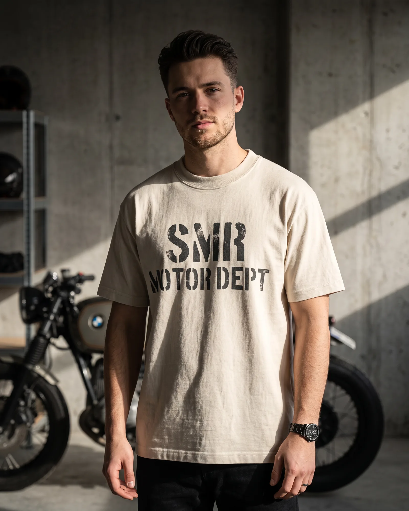SMR Motor Dept Tee bone worn by model