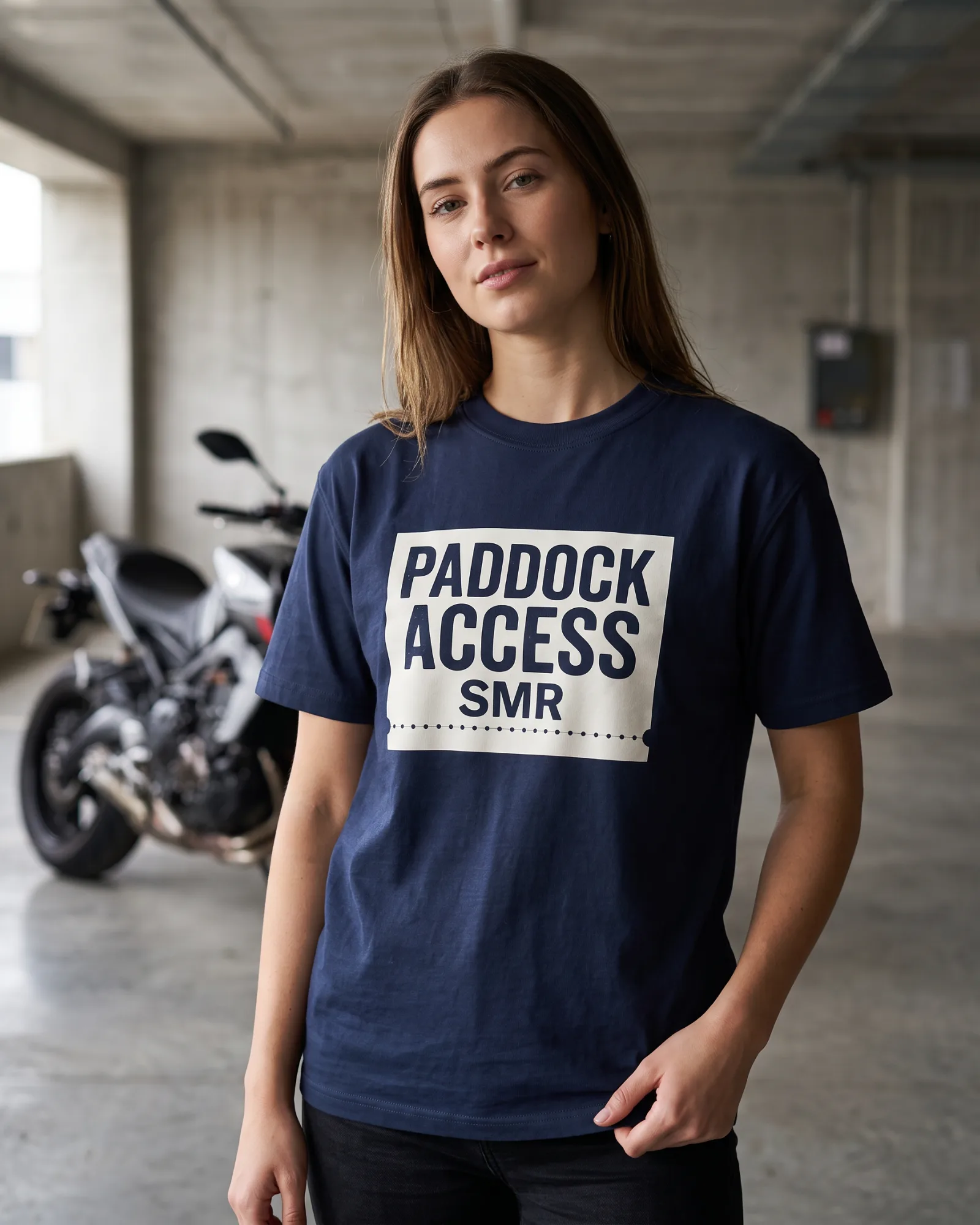 SMR Paddock Access Tee midnight worn by model