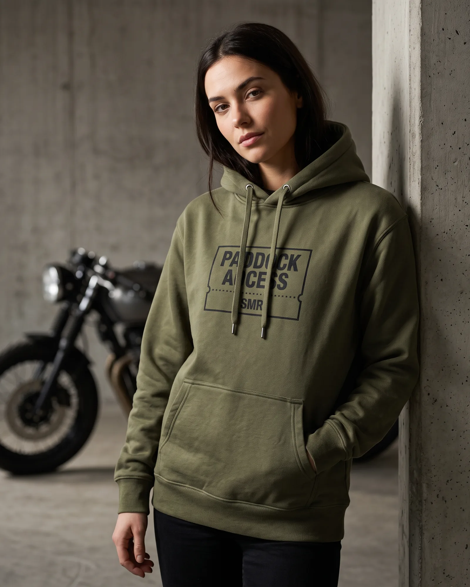 SMR Paddock Hood olive worn by a model