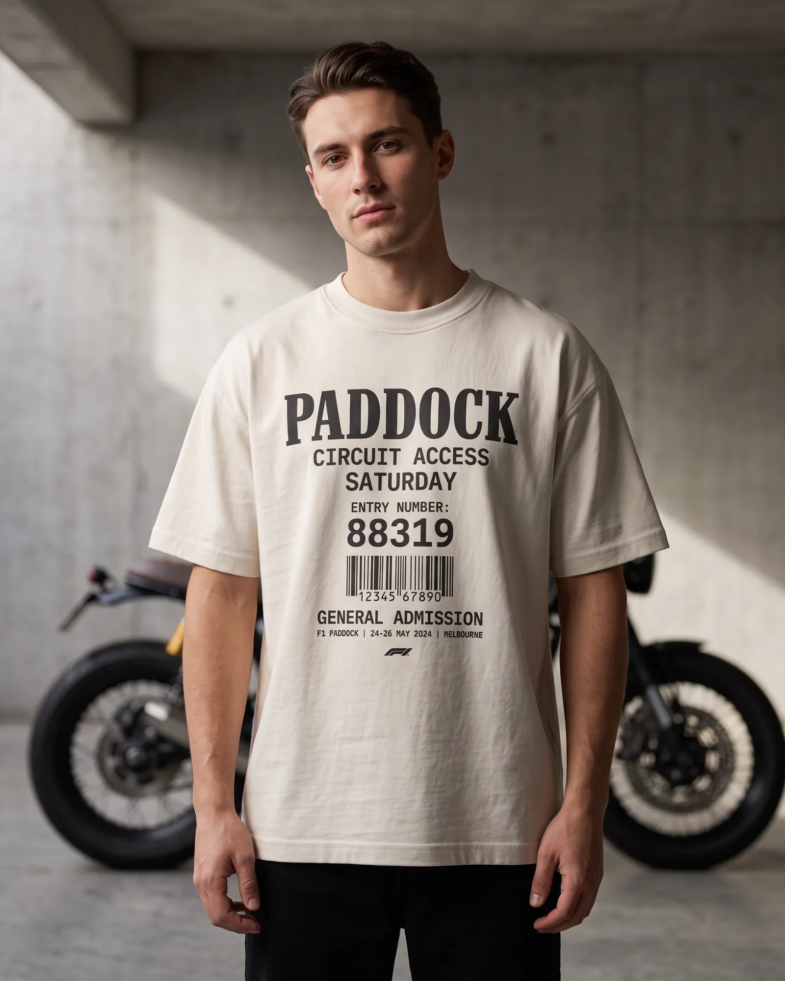 SMR Paddock Pass Tee bone worn by a model