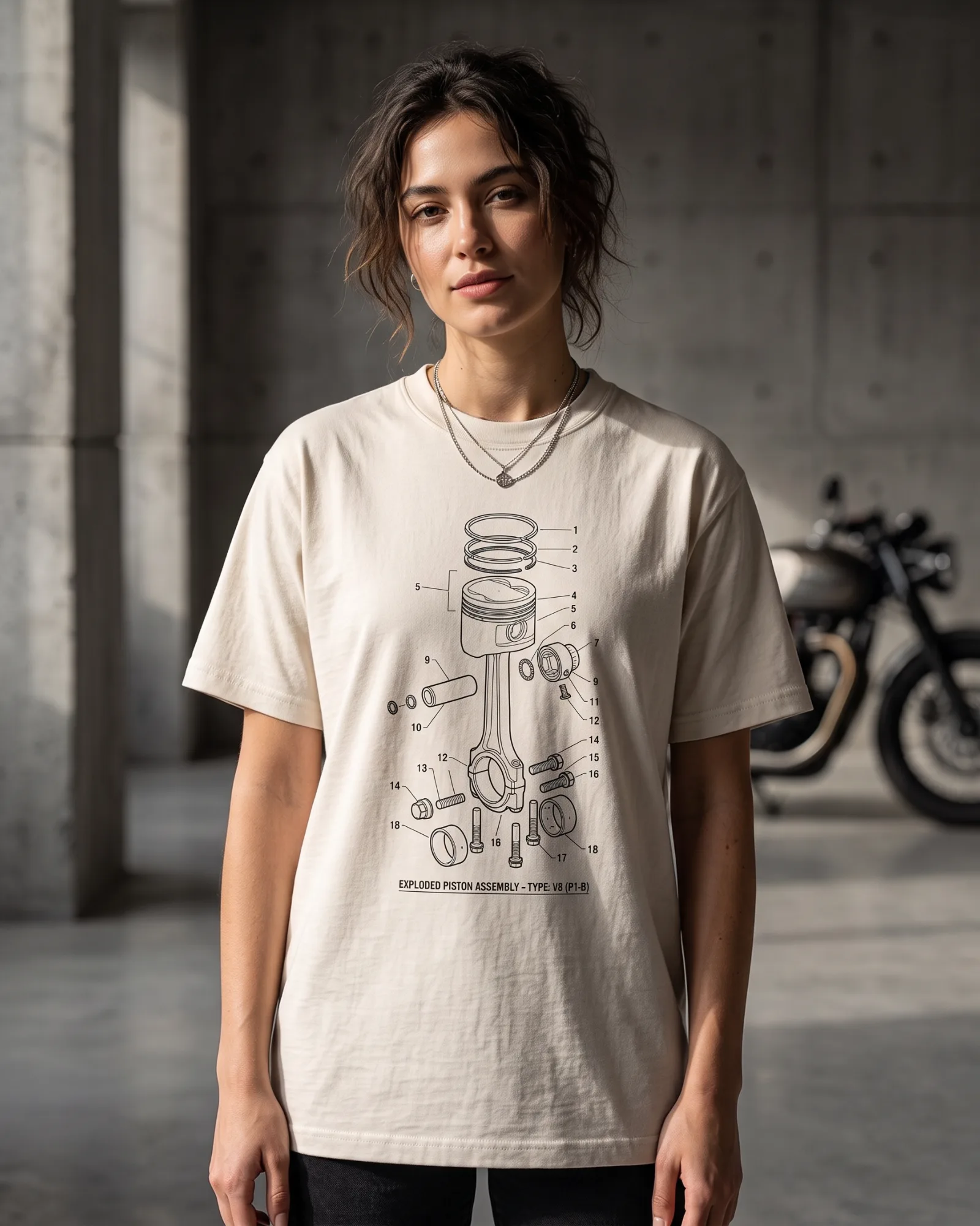 SMR Piston Blueprint Tee bone worn by model