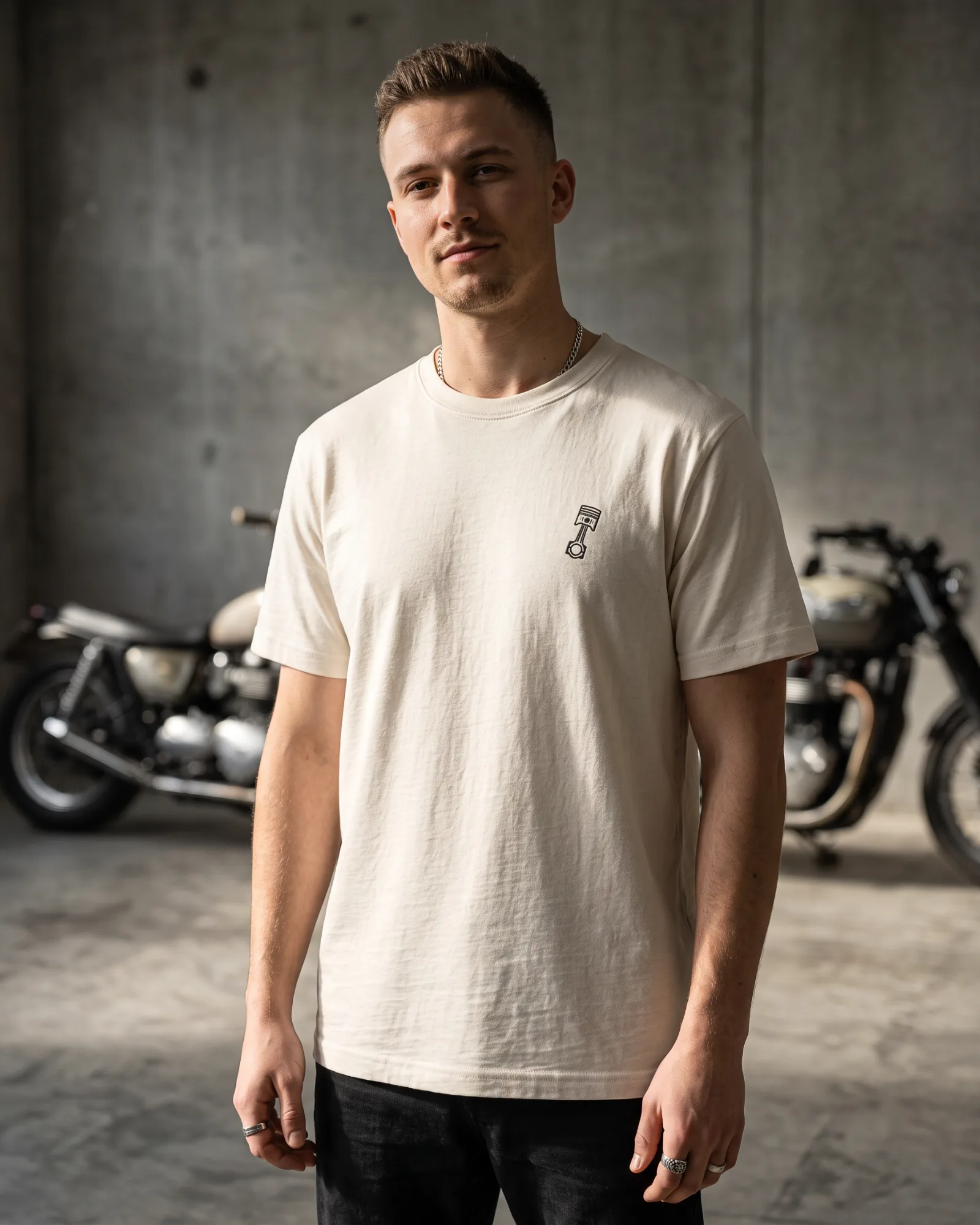 SMR Piston Dot Tee bone worn by model