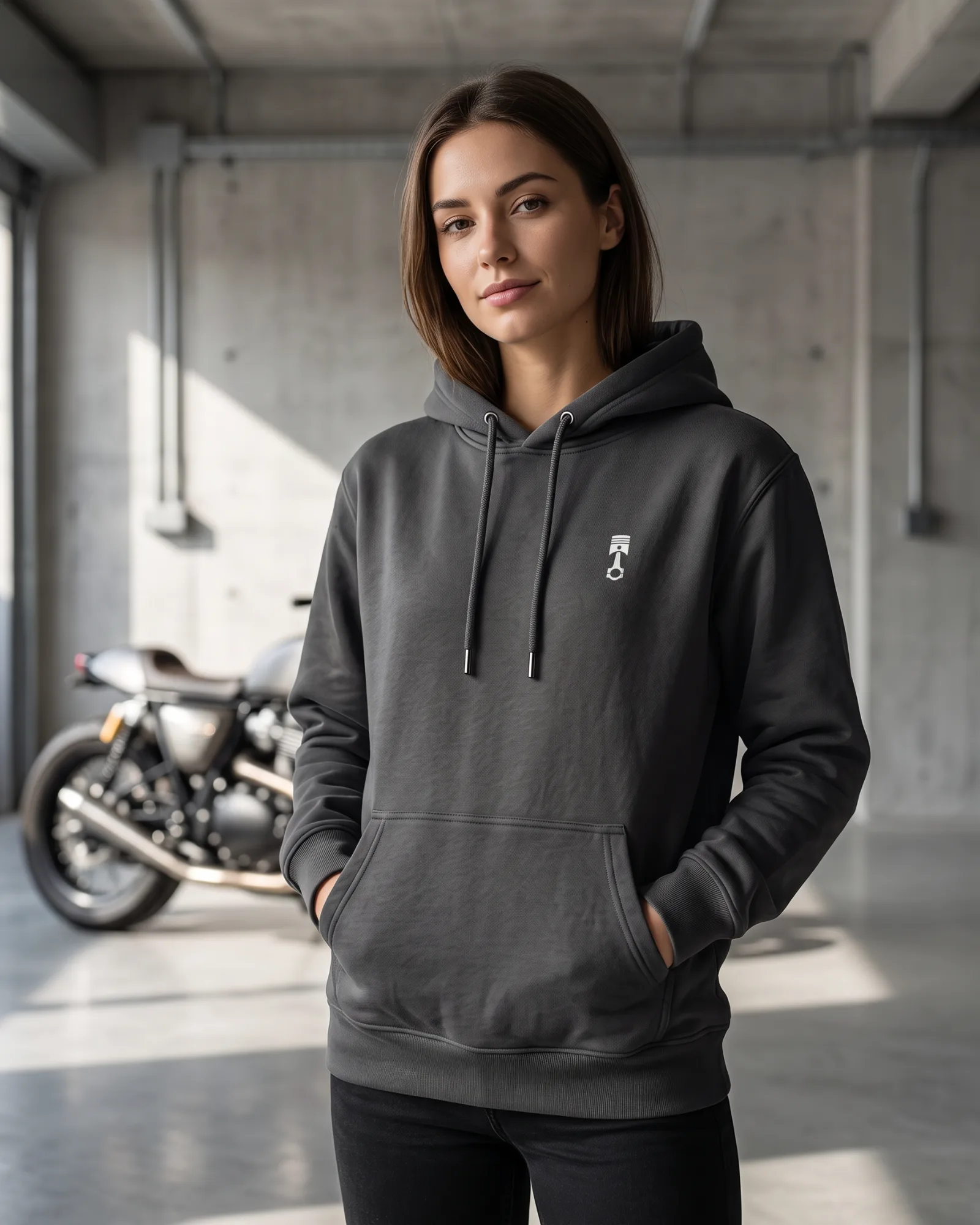 SMR Piston Hood charcoal worn by a model