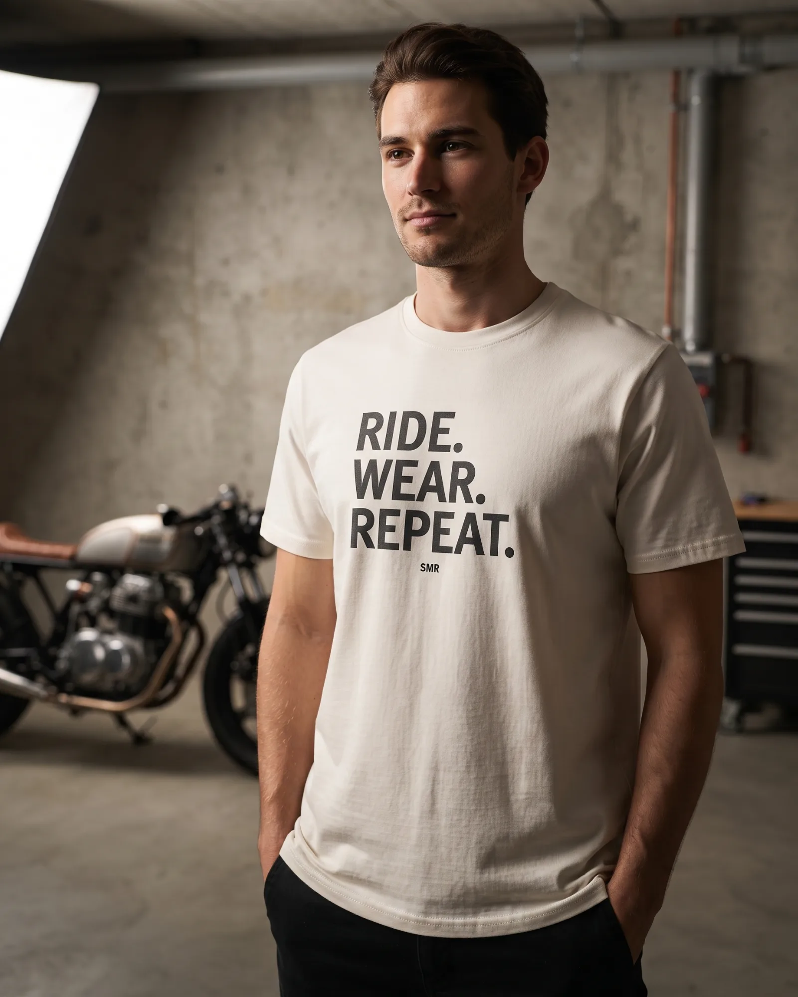 SMR Ride Wear Repeat Tee bone worn by model
