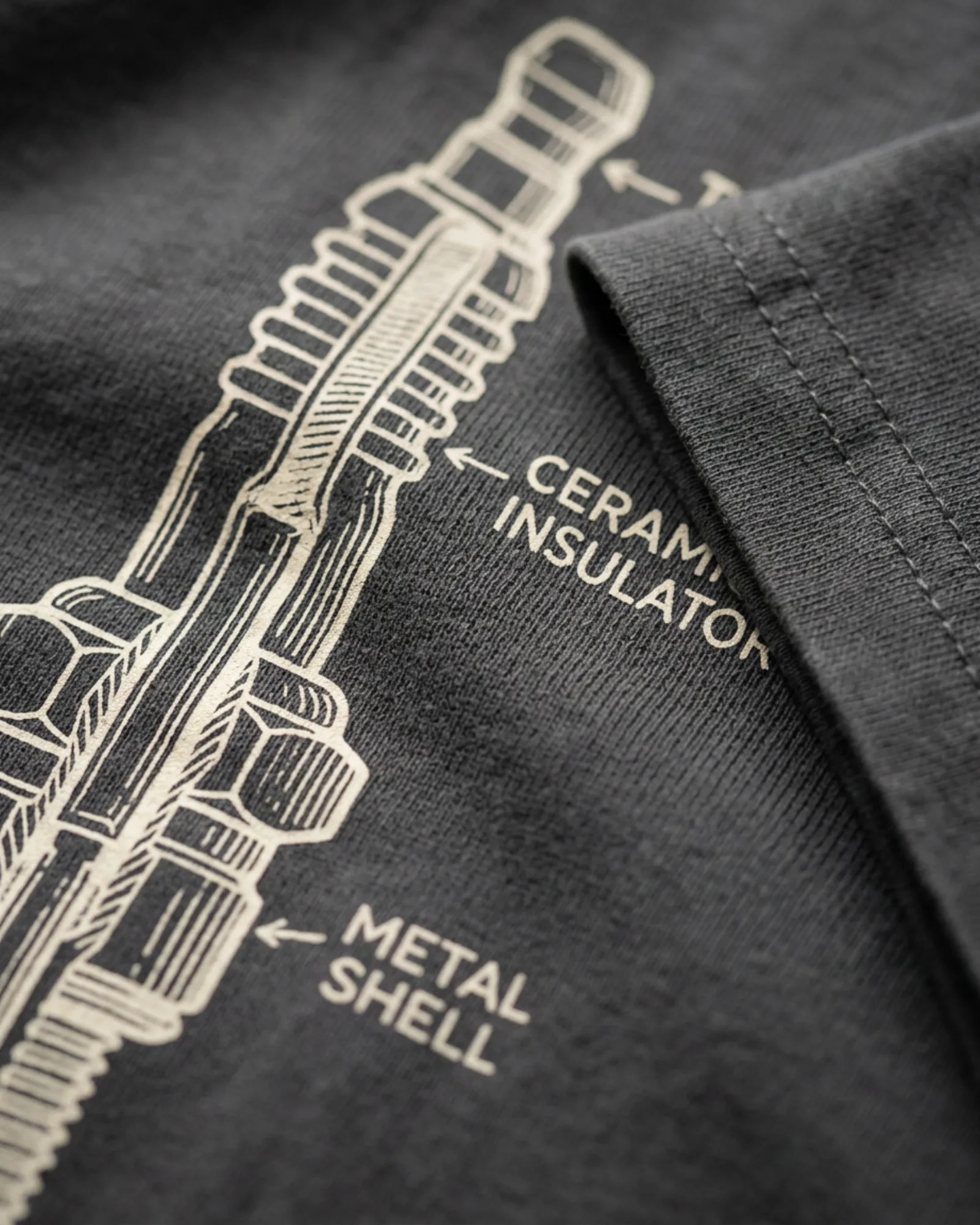 SMR Spark Plug Tee charcoal print detail