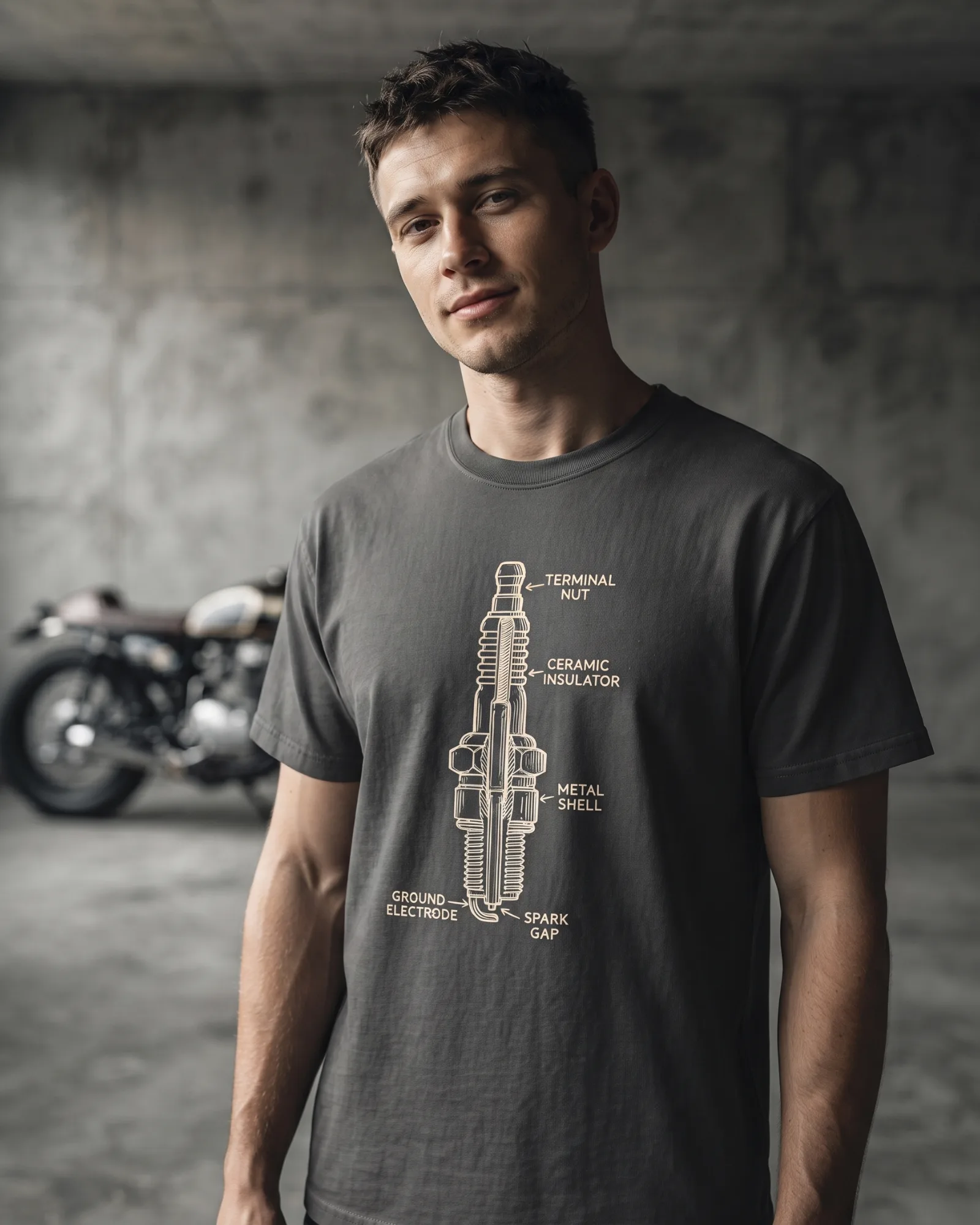 SMR Spark Plug Tee charcoal worn by model