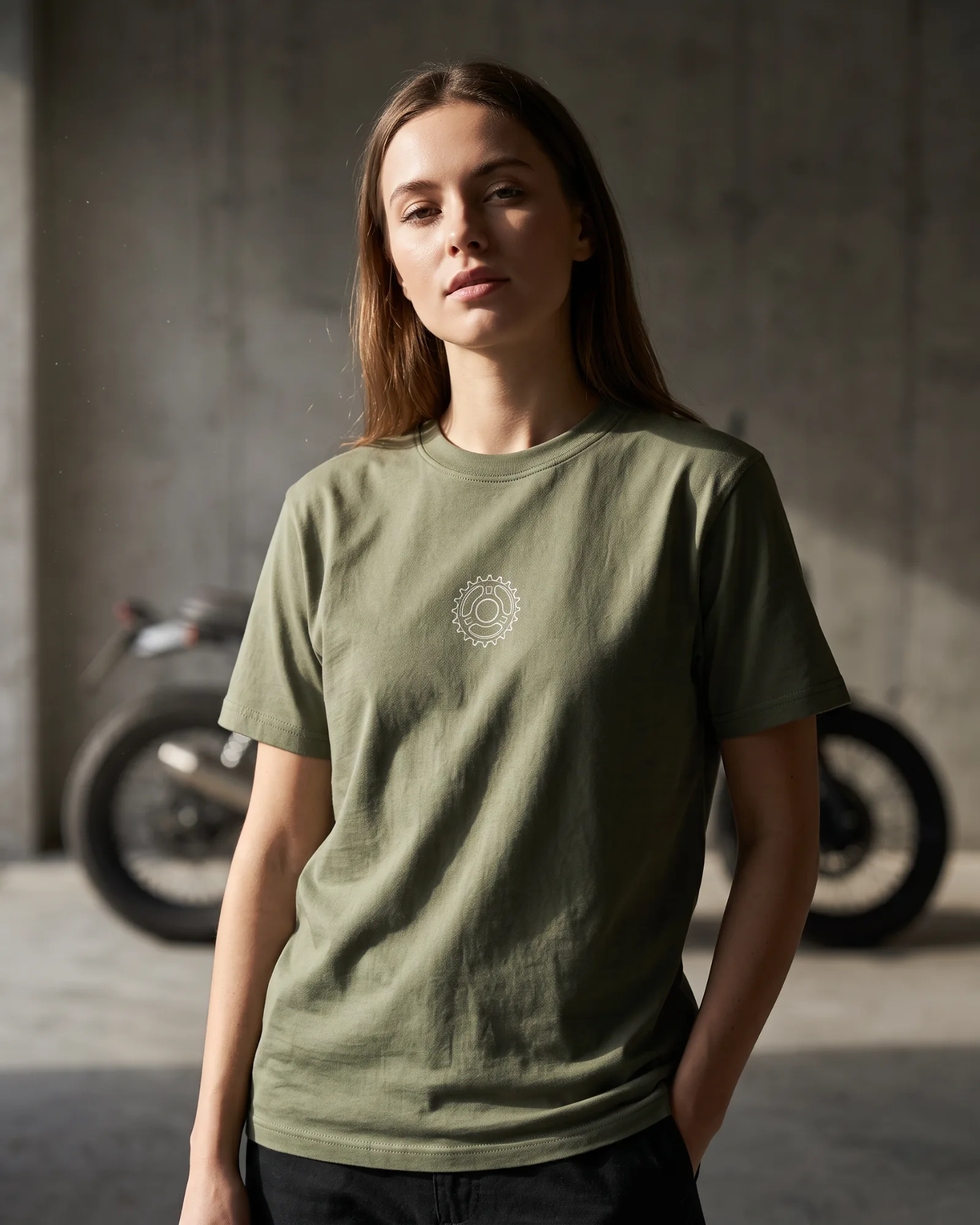 SMR Sprocket Outline Tee olive worn by model