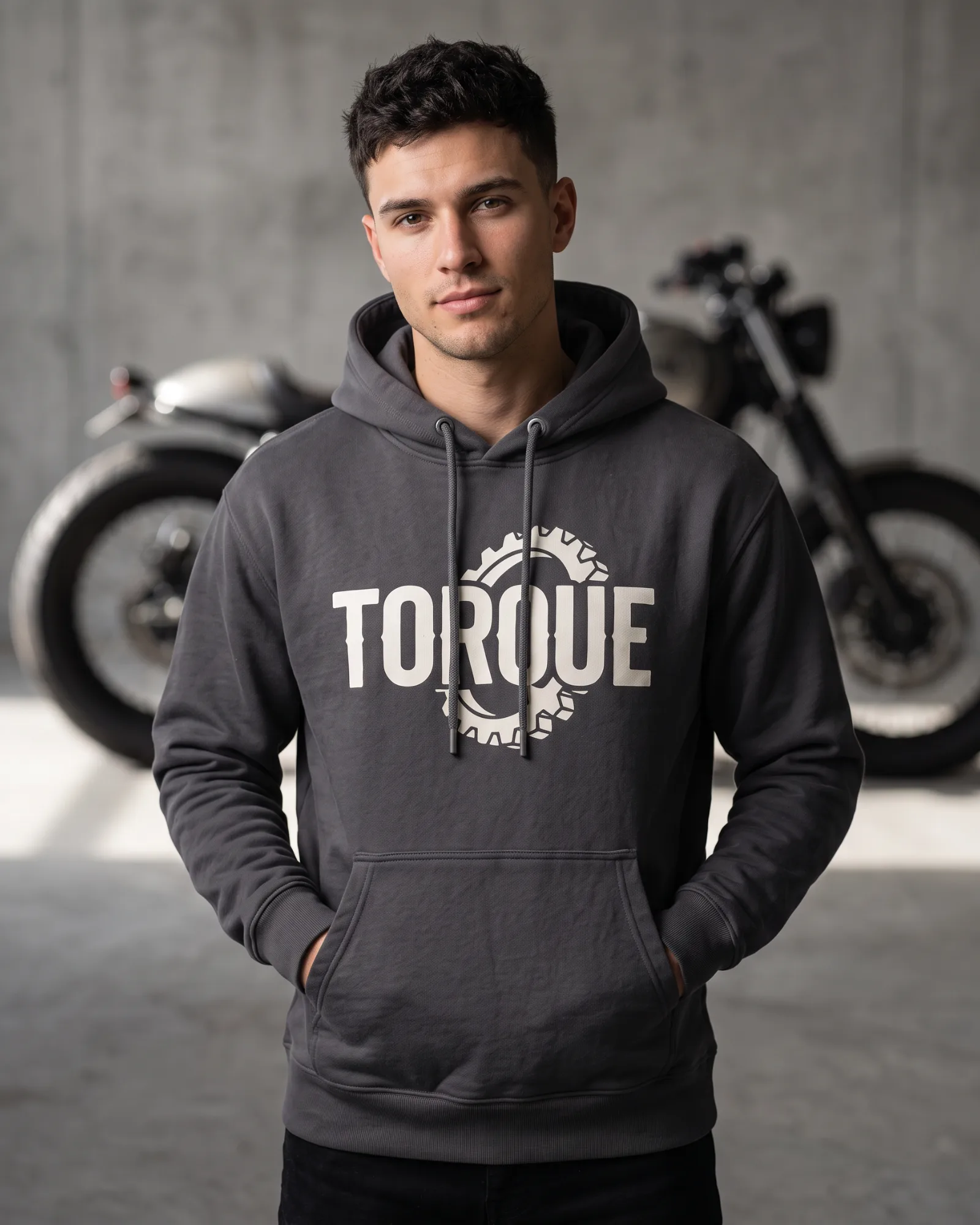 SMR Torque Hood charcoal worn by a model
