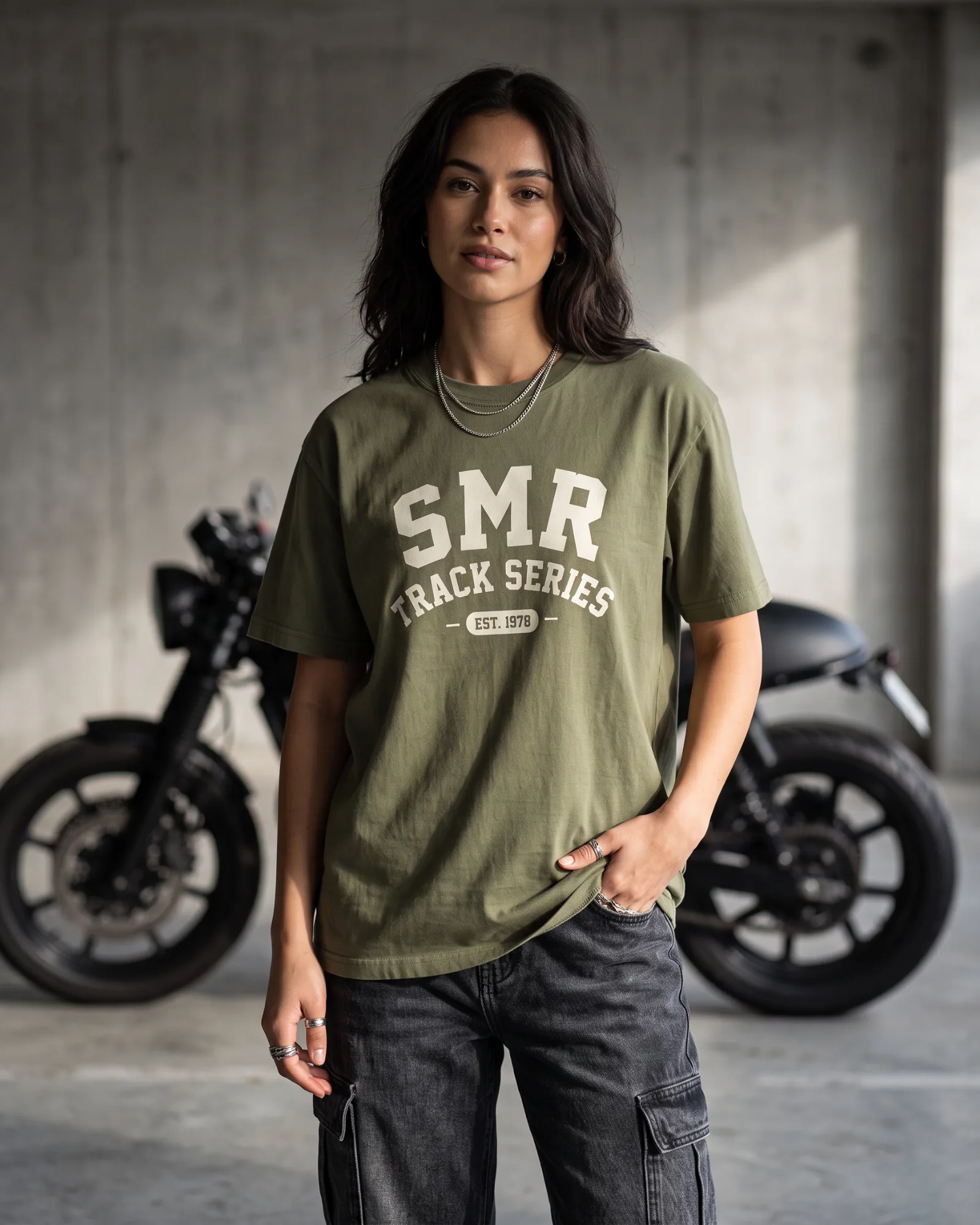 SMR Track Series Tee olive worn by model