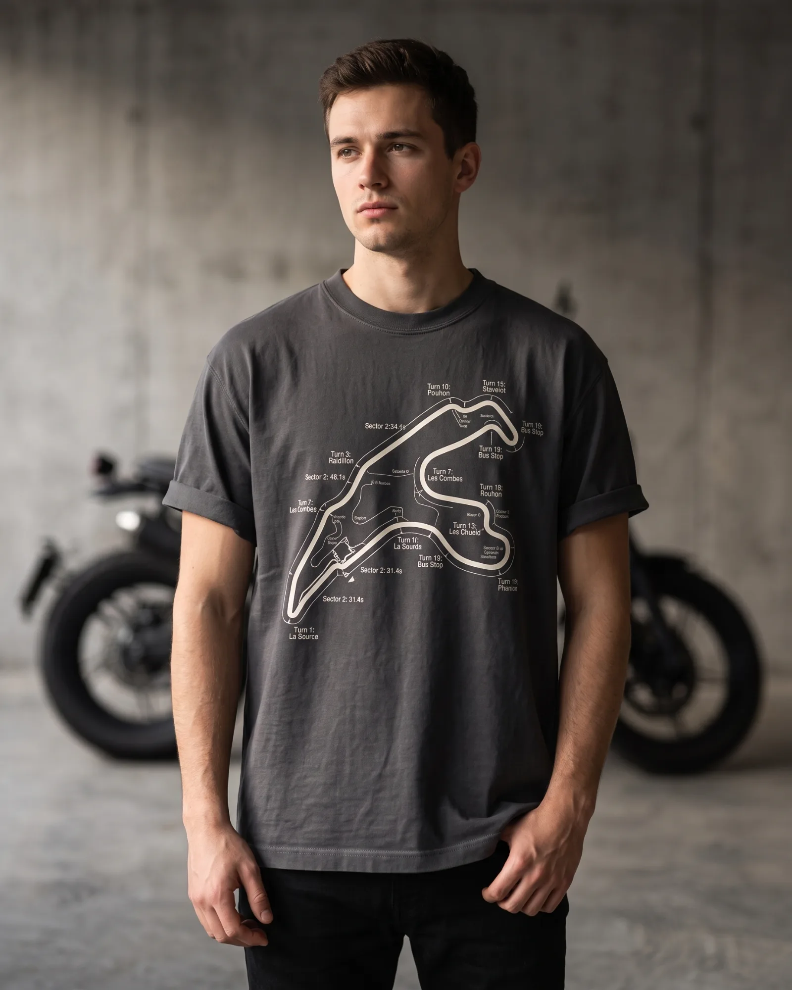 SMR Trazada Tee charcoal worn by a model