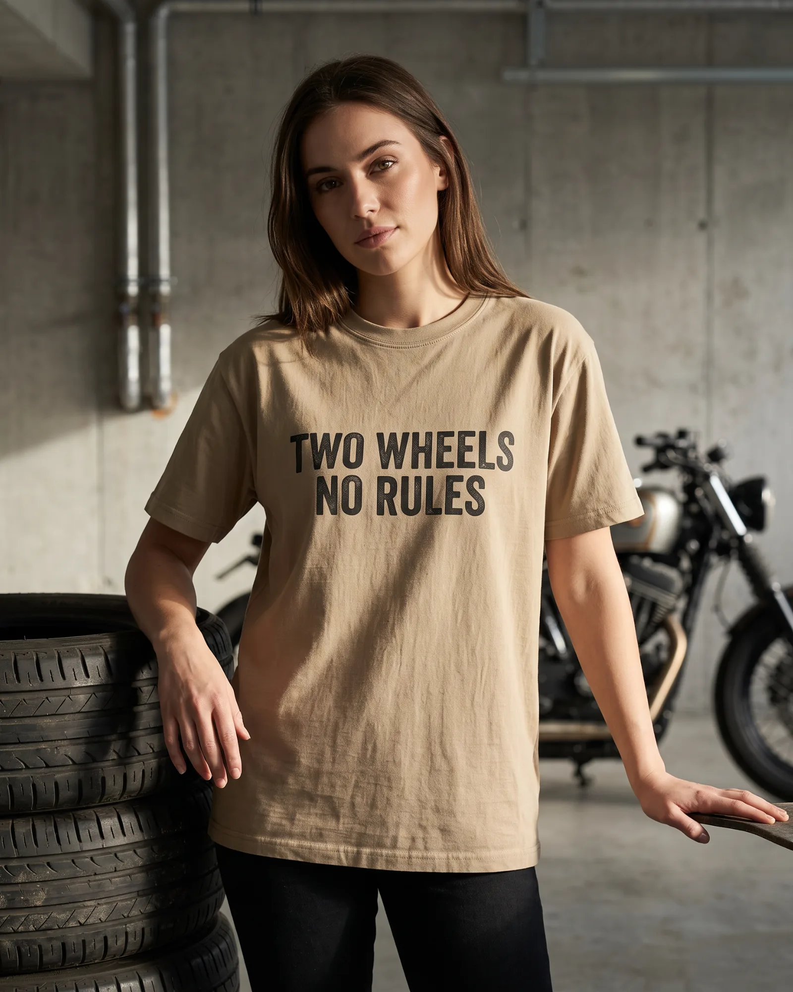 SMR Two Wheels Tee tan worn by model