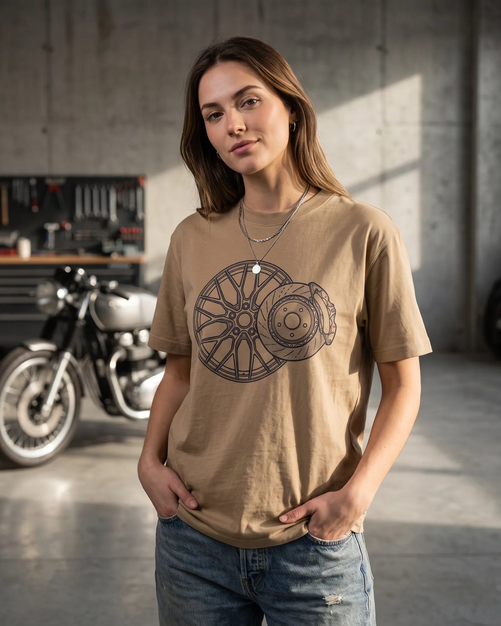 SMR Wheel Spoke Tee tan worn by model