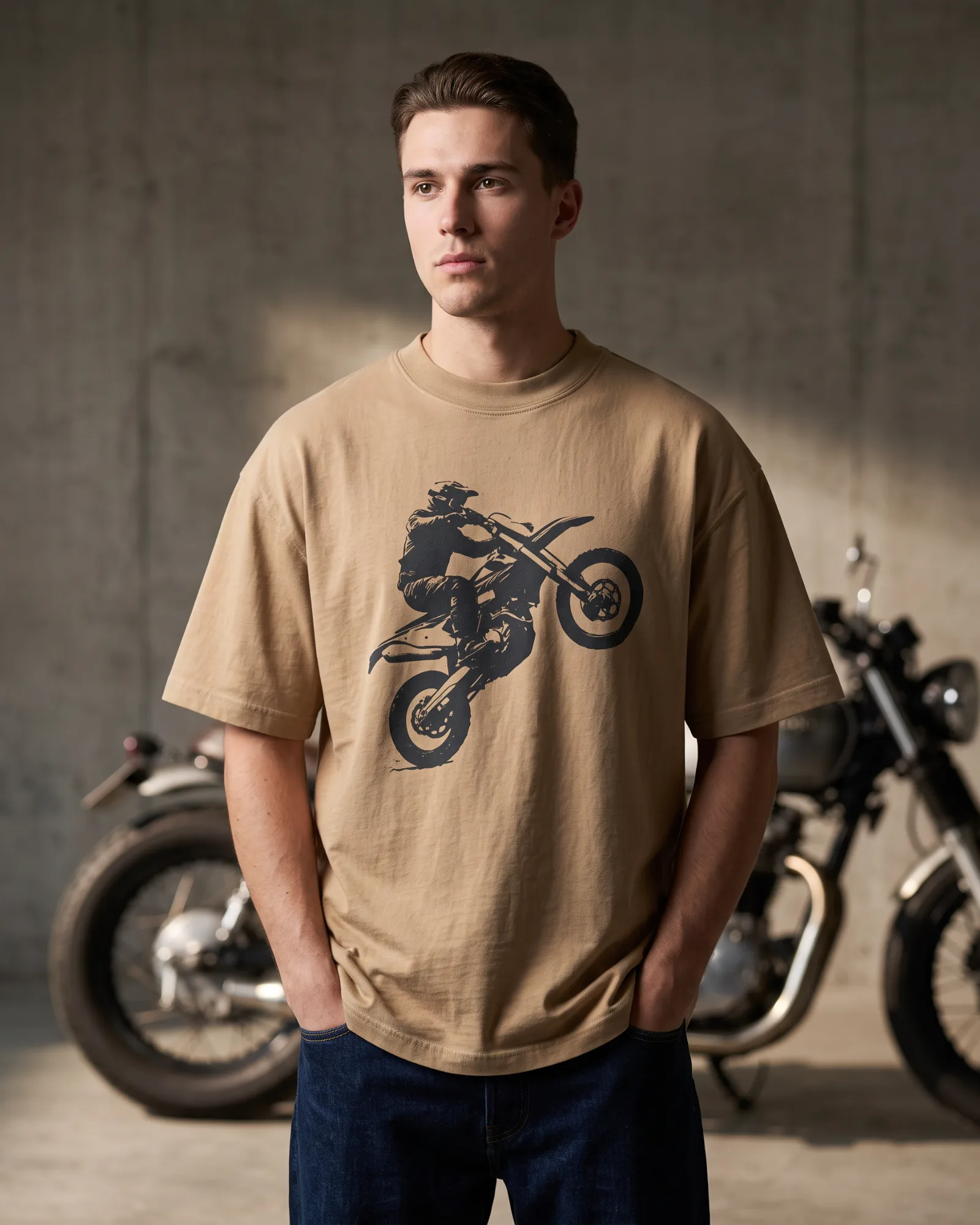SMR Wheelie Tee tan worn by a model